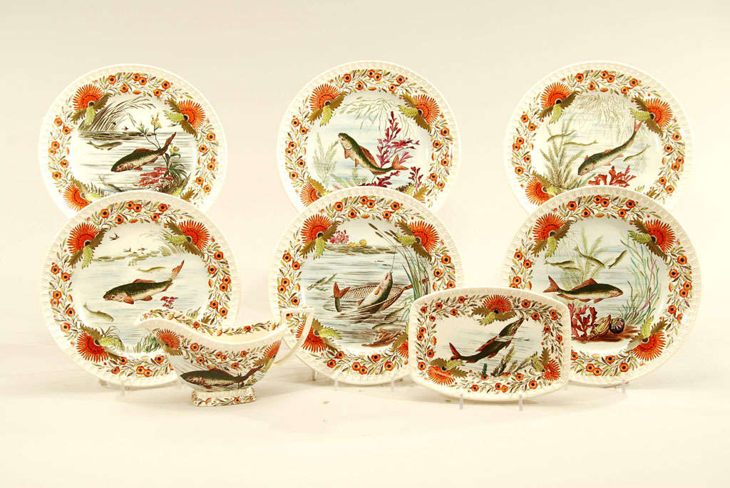 WT Copeland Mouvement esthétique Mouvement XIXe siècle Vaisselle crème  Ensemble de poissons en vente 1
