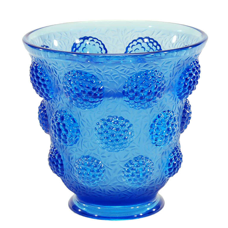 Art Deco Molded Blue Crystal Vase With Insert