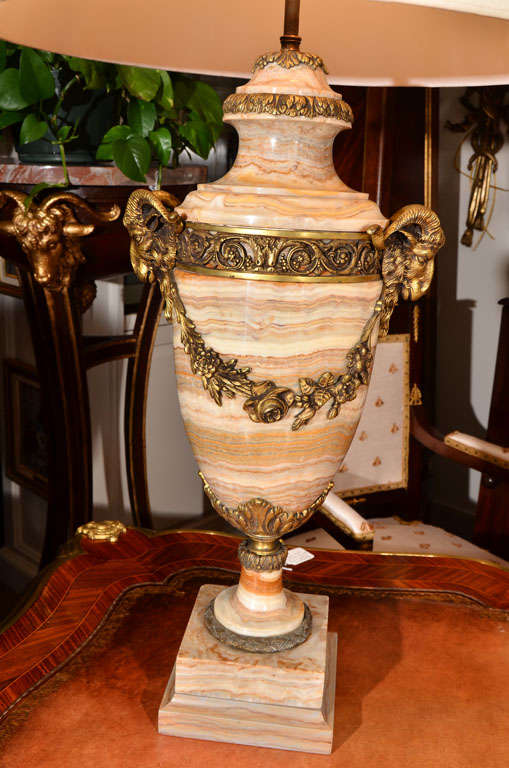 French pr of 19th c Agate and bronze rams head urn lamps For Sale