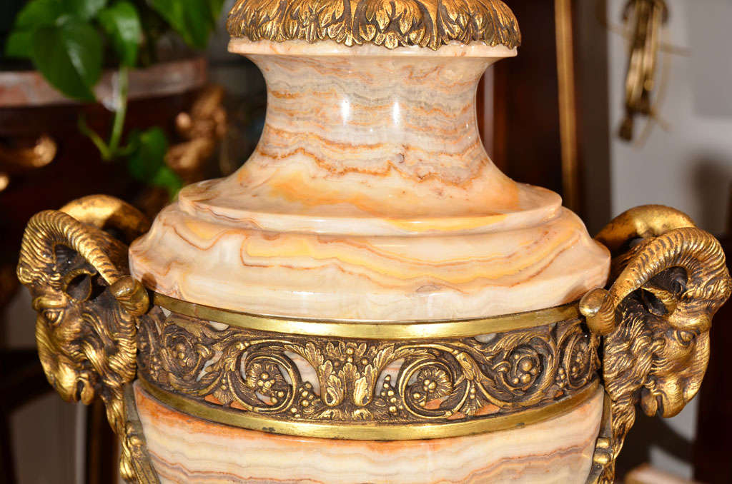 pr of 19th c Agate and bronze rams head urn lamps In Excellent Condition For Sale In Dallas, TX
