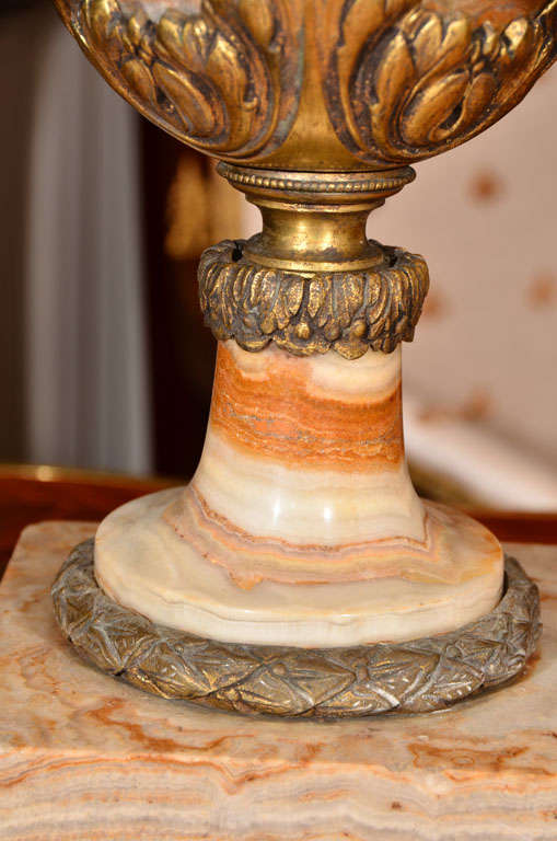 19th Century pr of 19th c Agate and bronze rams head urn lamps For Sale