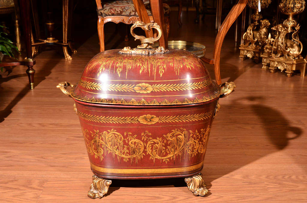 19th c English red painted coal hod with the original liner and original gilt bronze handles and feet