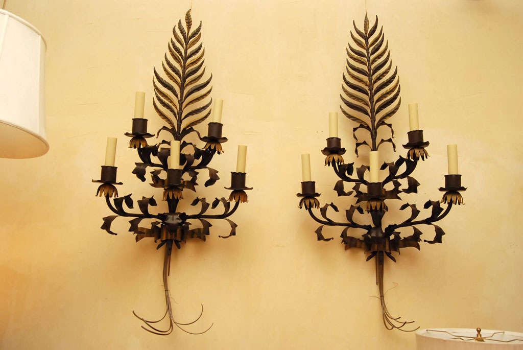 Pair large Italian  Wrought Iron and Tole Sconces In Good Condition For Sale In Hudson, NY