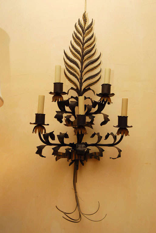 Mid-20th Century Pair large Italian  Wrought Iron and Tole Sconces For Sale