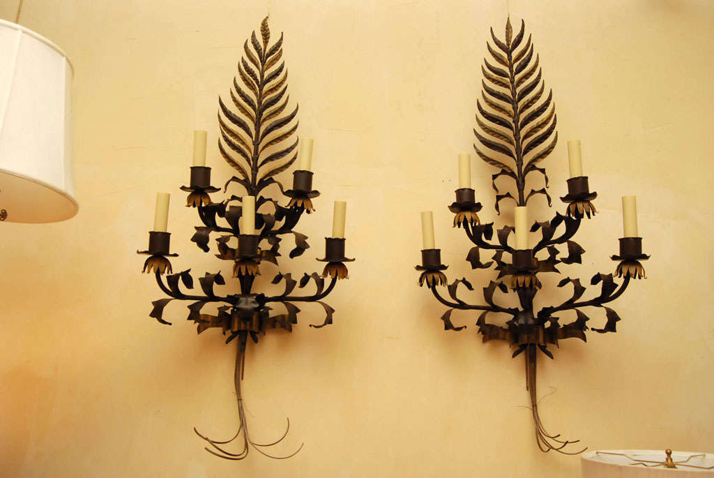 This large scale pair of sconces crafted in Wrought Iron are in a neo baroque style. The metal work is then painted in tole colors of a flat brown almost resembling old bronze with the accent areas done in a soft old yellow color. Each sconce has 5