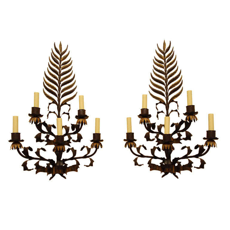Pair large Italian  Wrought Iron and Tole Sconces For Sale