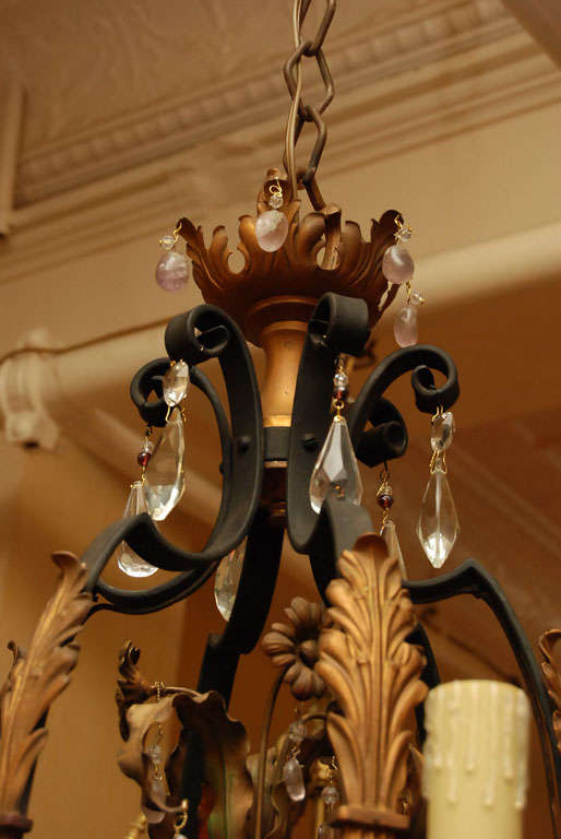 20th Century Tole Wrought Iron with Rock Crystal  and Crystal Chandelier