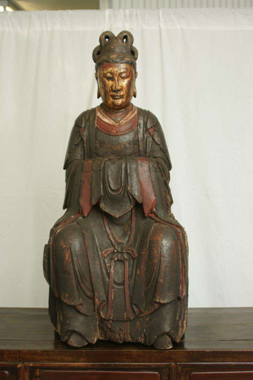 Late 18th/Early 19thC. Q'ing Dynasty Carved Seated Temple Buddha on Stand