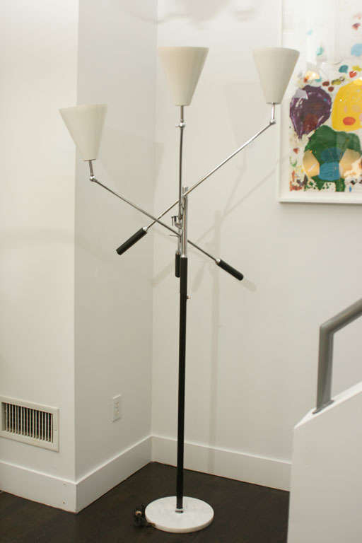 Italian Floor Lamp by Arredoluce. Three Adjustable Arms attached to Enameled Metal Pole Standing on a Round Marble Base
