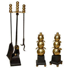 Mid C Fire Tools & Pair Of Andirons With Brass Ball Finials