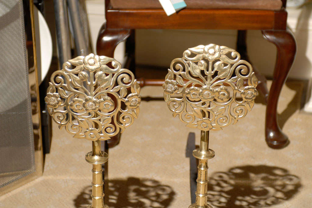 20th Century Pair  Of 19th/20thC  Floral Medallion Brass Andirons