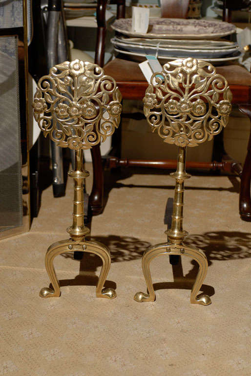 PAIR OF 19th/20th FLORAL MEDALLION BRASS ANDIRONS<br />
AN ATLANTA RESOURCE FOR FINE ANTIQUES<br />
WE HAVE A VERY LARGE INVENTORY ON OUR WEBSITE<br />
TO VISIT GO TO WWW.PARCMONCEAU.COM