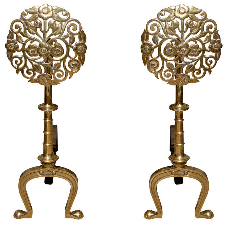 Pair  Of 19th/20thC  Floral Medallion Brass Andirons