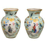 Pair Of Eglomise Glass Aqua Vases With Butterflies & Figures