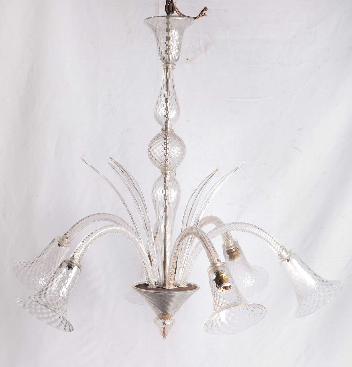 Decorated Murano glass pendant with leaves and six bell jars 1930's .