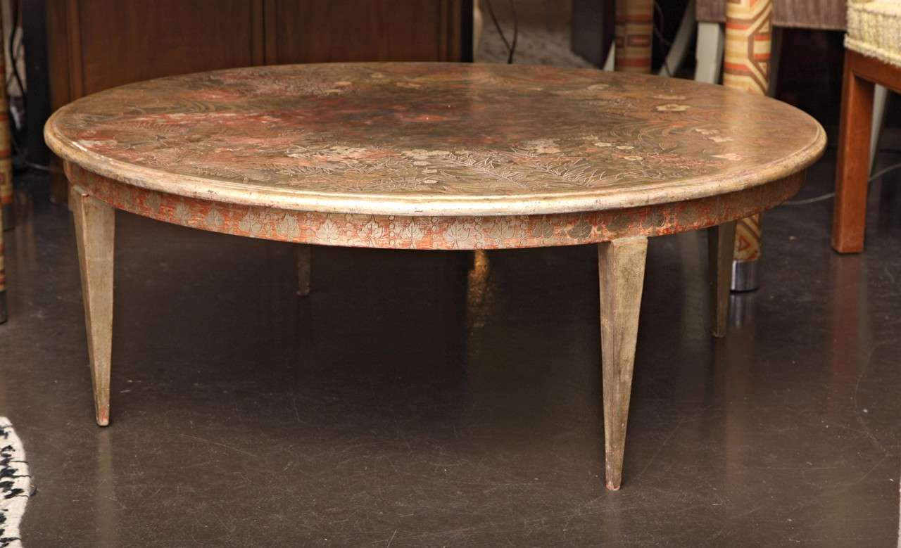 Max Kuehne (1880-1968)
Low round table raised on tapering square legs in rubbed gilt finish and incised floral decoration.
Signed: Max Kuehne
American, c.1930

