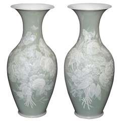 Pair Old French Pate sur Pate Celadon Vases circa 1890-1915