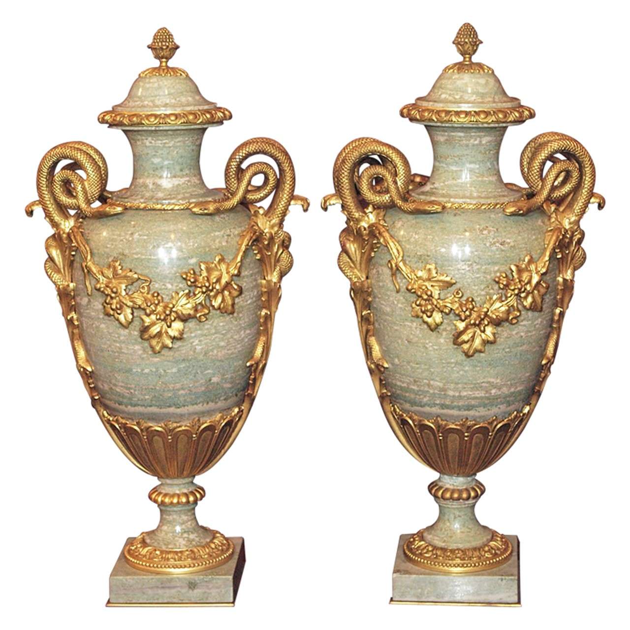 Pair Antique Marble Cassoulets with Bronze Mounts
