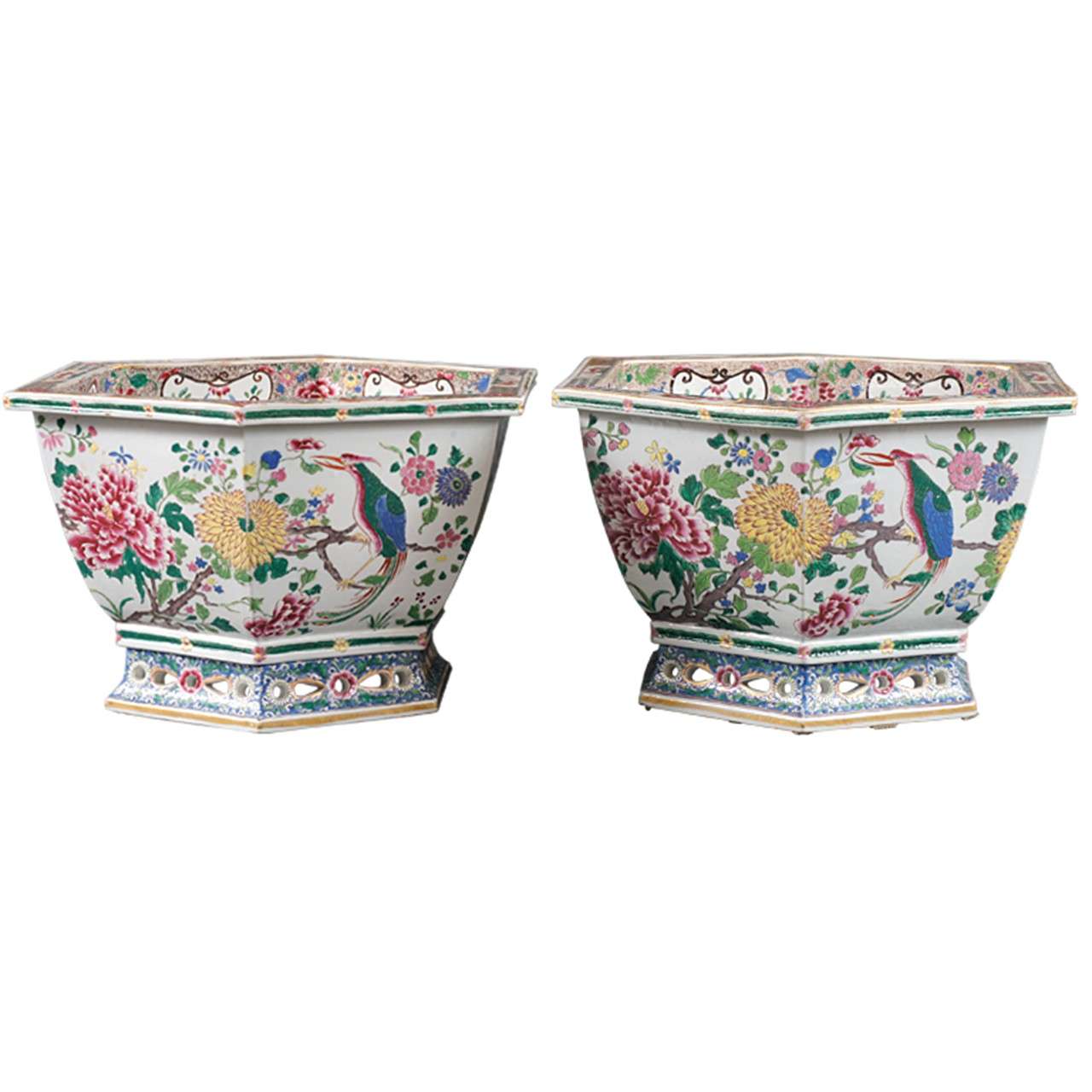 Pair of Chinese "Famille Rose" Porcelain Hexagonal Jardinières