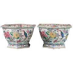 Pair of Chinese "Famille Rose" Porcelain Hexagonal Jardinières