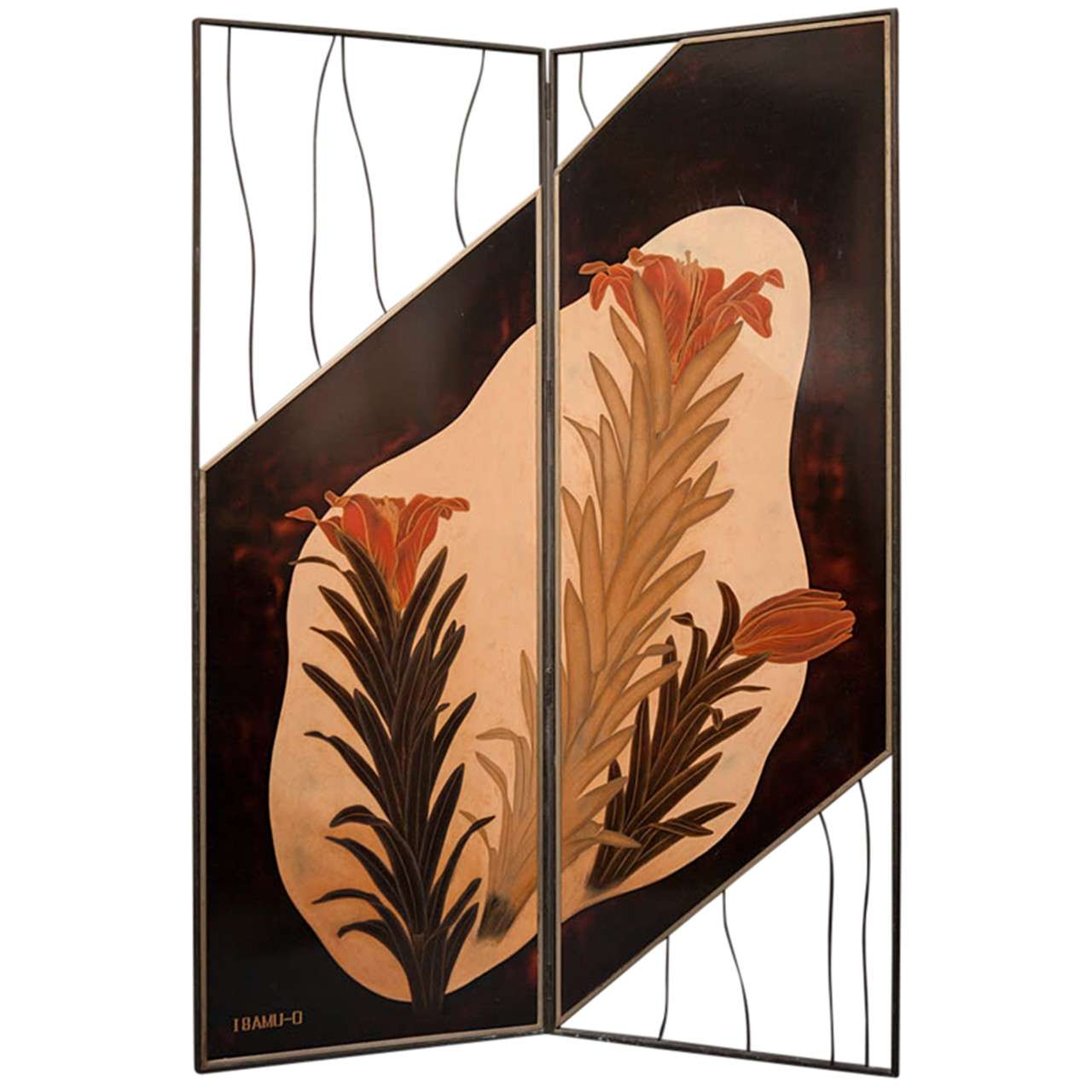Japanese Lacquer Two-Panel Screen, Lily Flowers