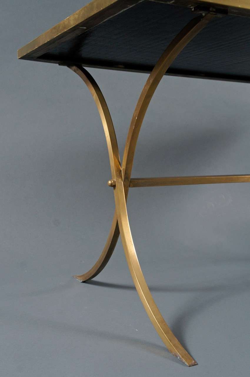 French Brass Coffee Table with Black Top For Sale
