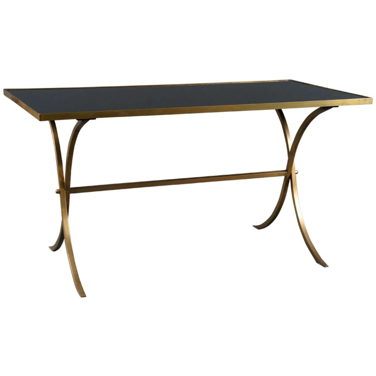 Vintage Deco Brass Coffee Table with Black Glass Top For Sale at