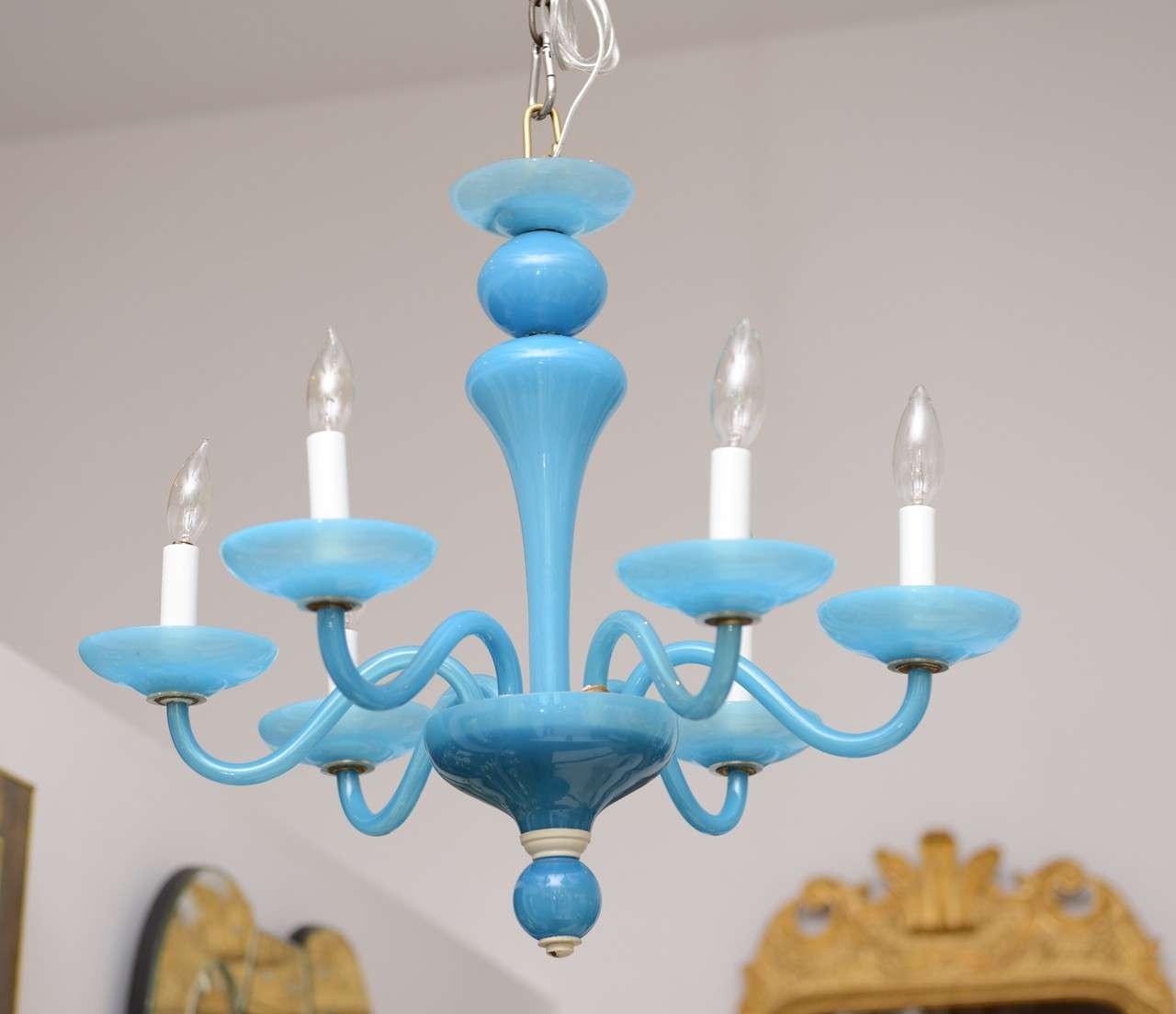 Vintage turquoise blue six arm opaline glass chandelier.