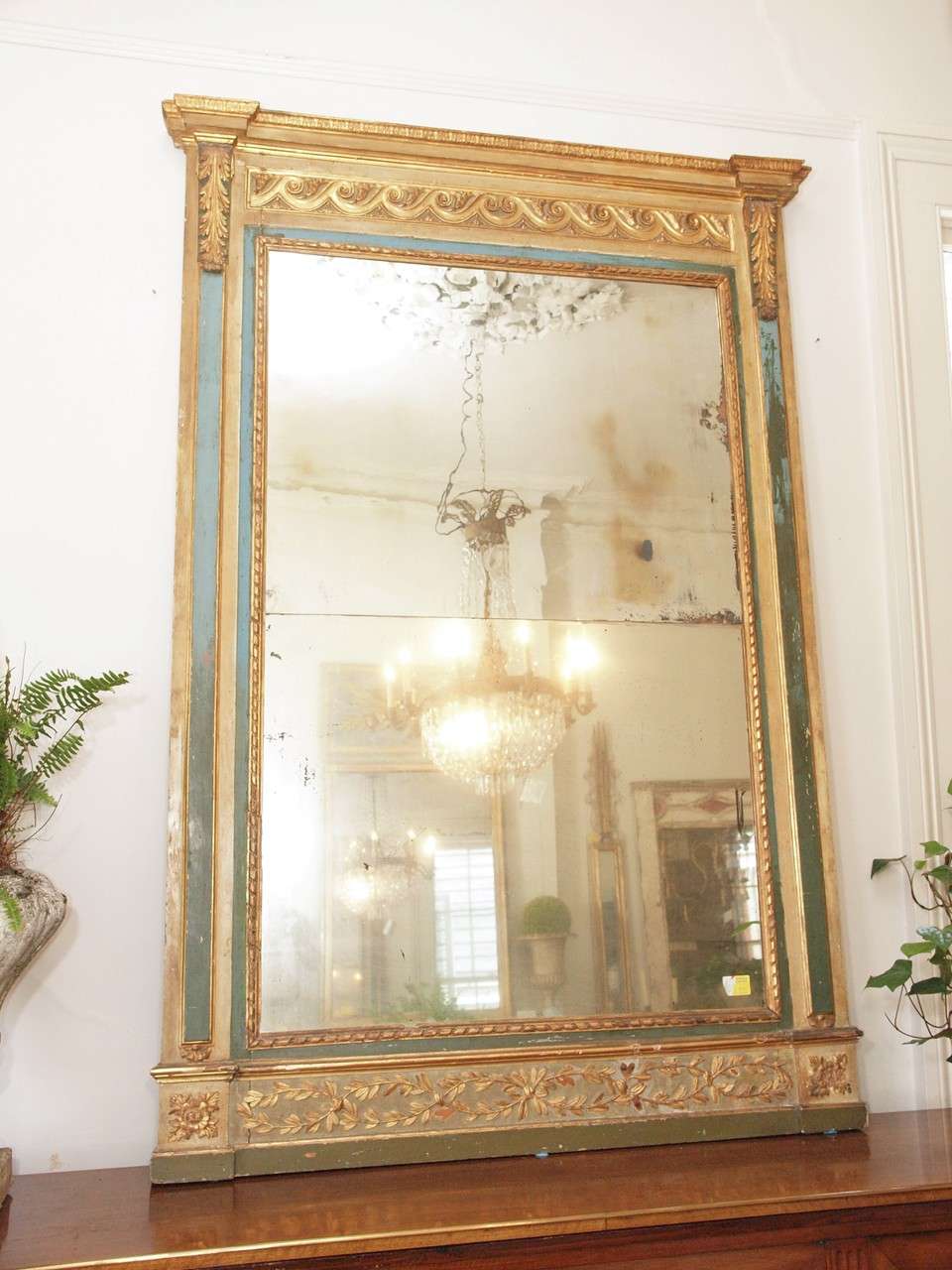 18th century Louis XVI trumeau mirror with gilt carved wood and painted in green and cream
