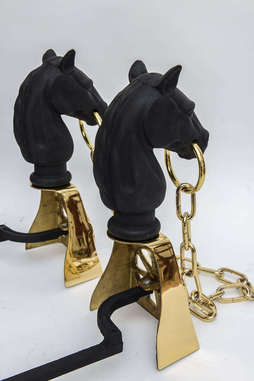 American Classical Equestrian Style Cast Iron and Brass Fireplace Andirons with Horse Head and Bit