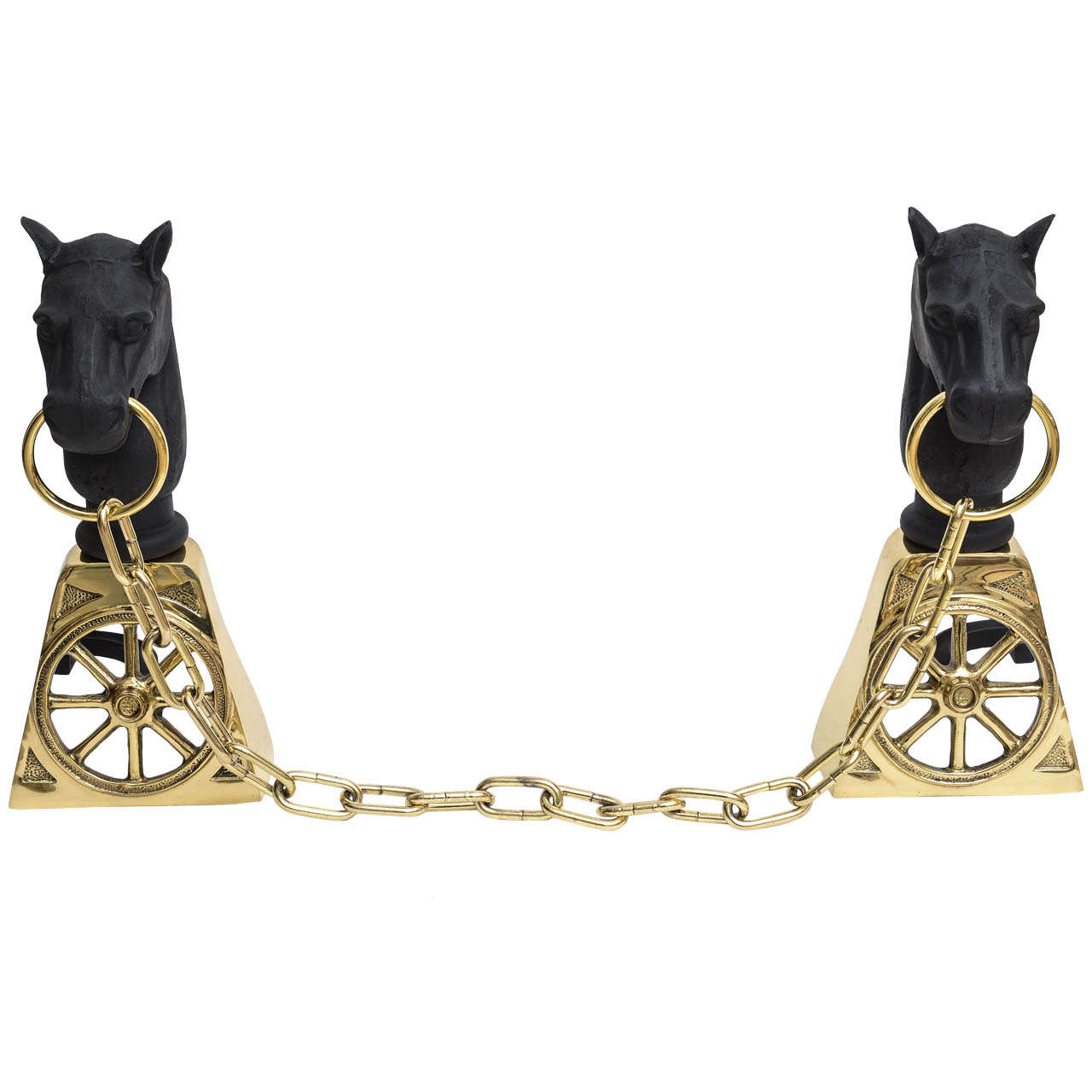 Equestrian Style Cast Iron and Brass Fireplace Andirons with Horse Head and Bit