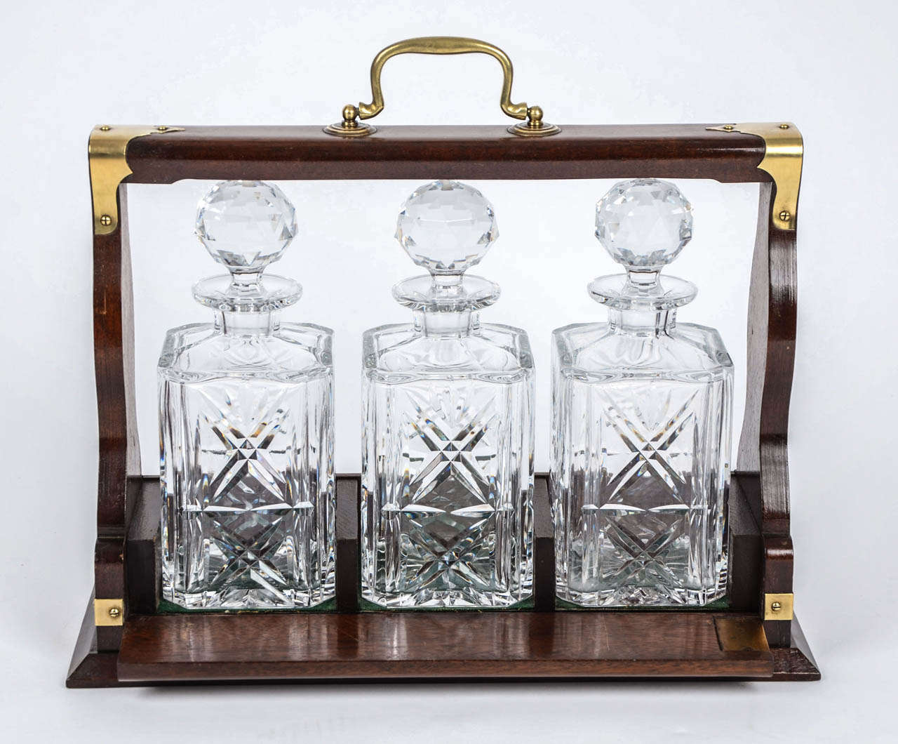 19thC, TANTALUS, 3 x Glass CRYSTAL DECANTERS, Mahogany Lockable Case