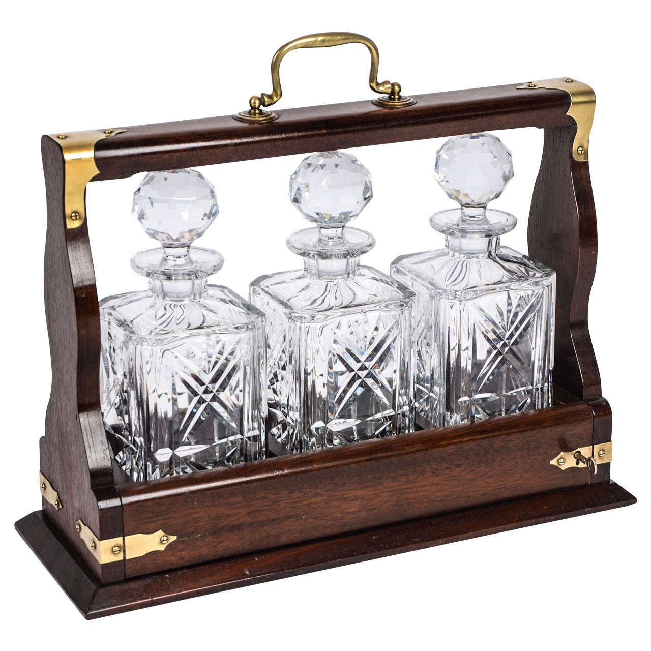 19thC, TANTALUS, 3 x Glass CRYSTAL DECANTERS, Mahogany Lockable Case