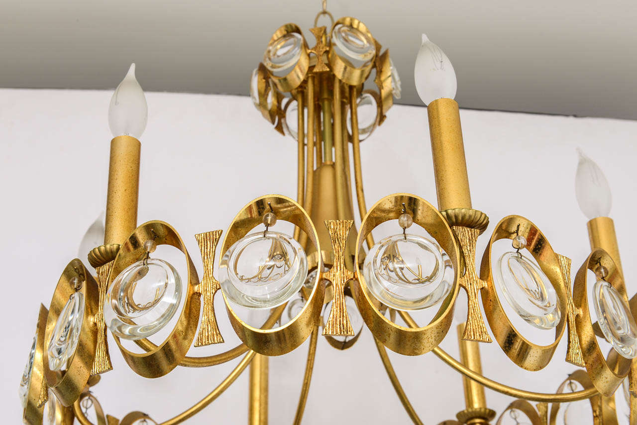 Italian Gaetano Sciolari Crystal Prism and Gold Washed Brass Chandelier