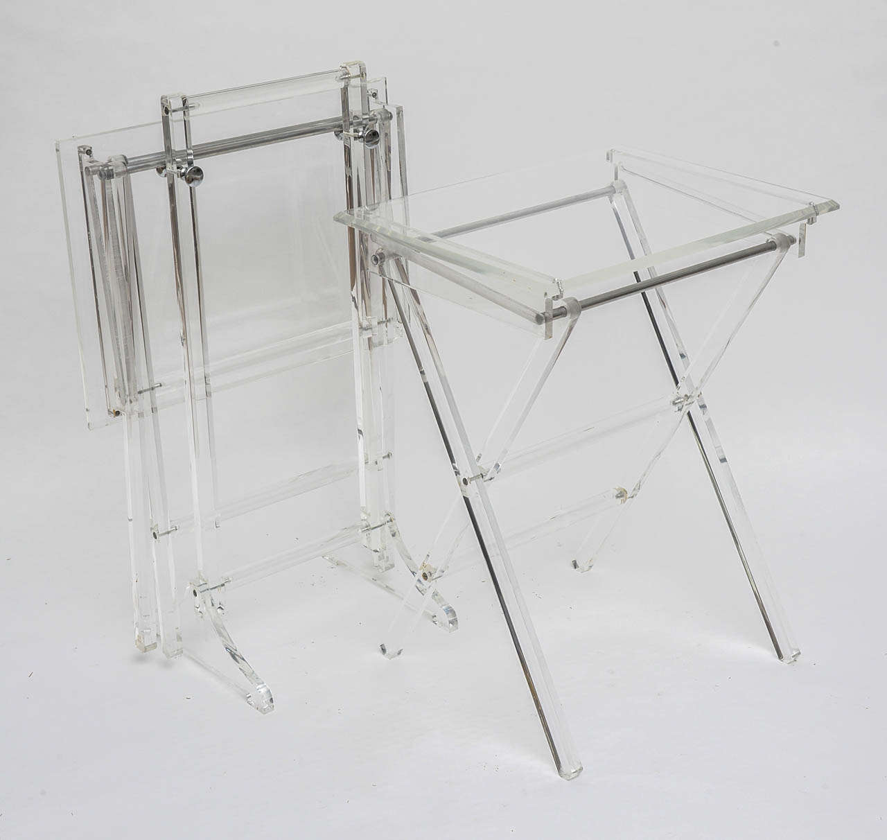 20th Century Pair of Lucite Folding Tables on Chrome and Lucite Caddy