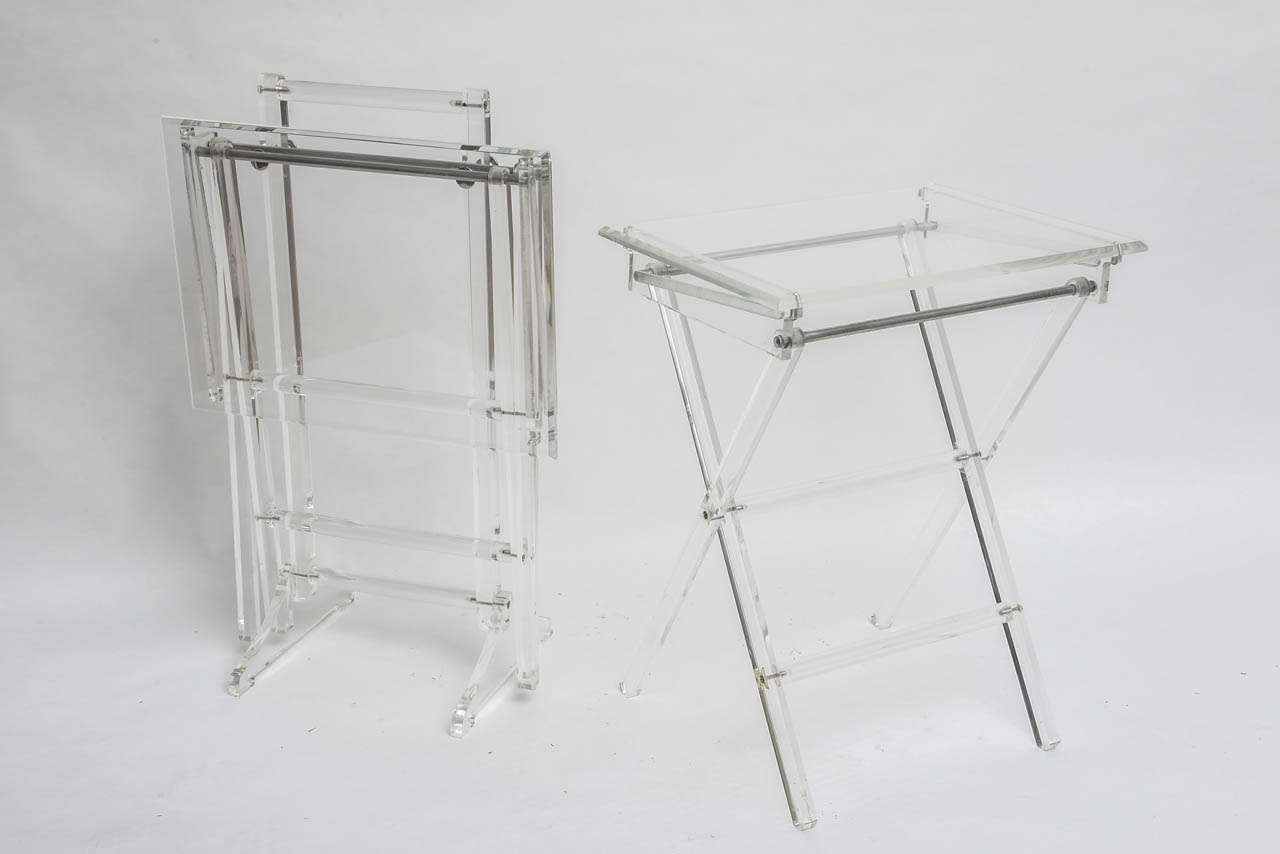 Pair of Lucite Folding Tables on Chrome and Lucite Caddy 1