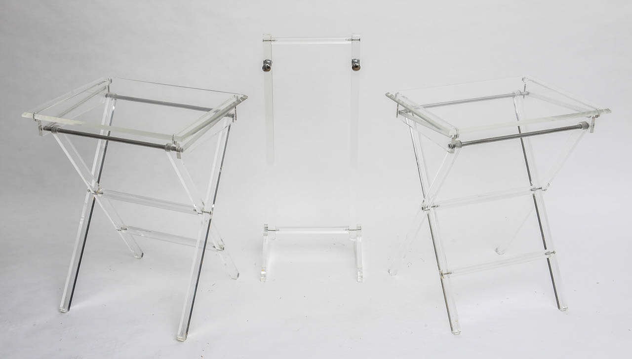 Pair of Lucite Folding Tables on Chrome and Lucite Caddy 2
