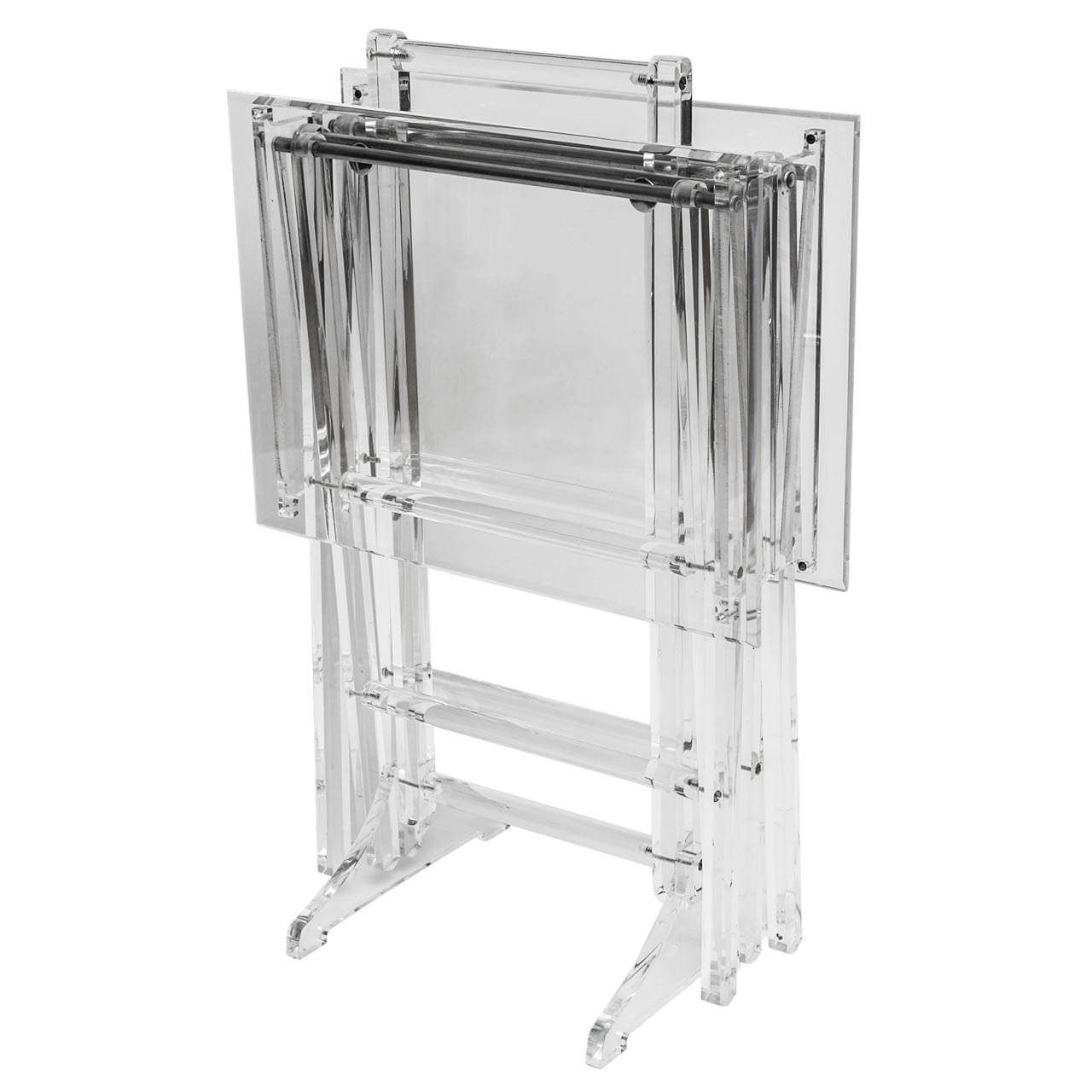 Pair of Lucite Folding Tables on Chrome and Lucite Caddy