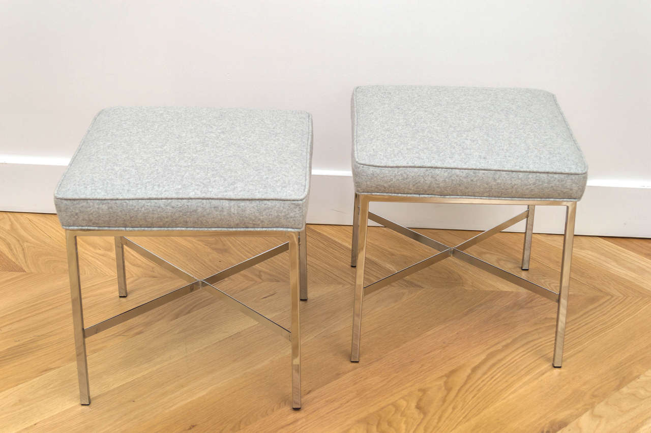 Sweet pair of chrome stools with wool seats.