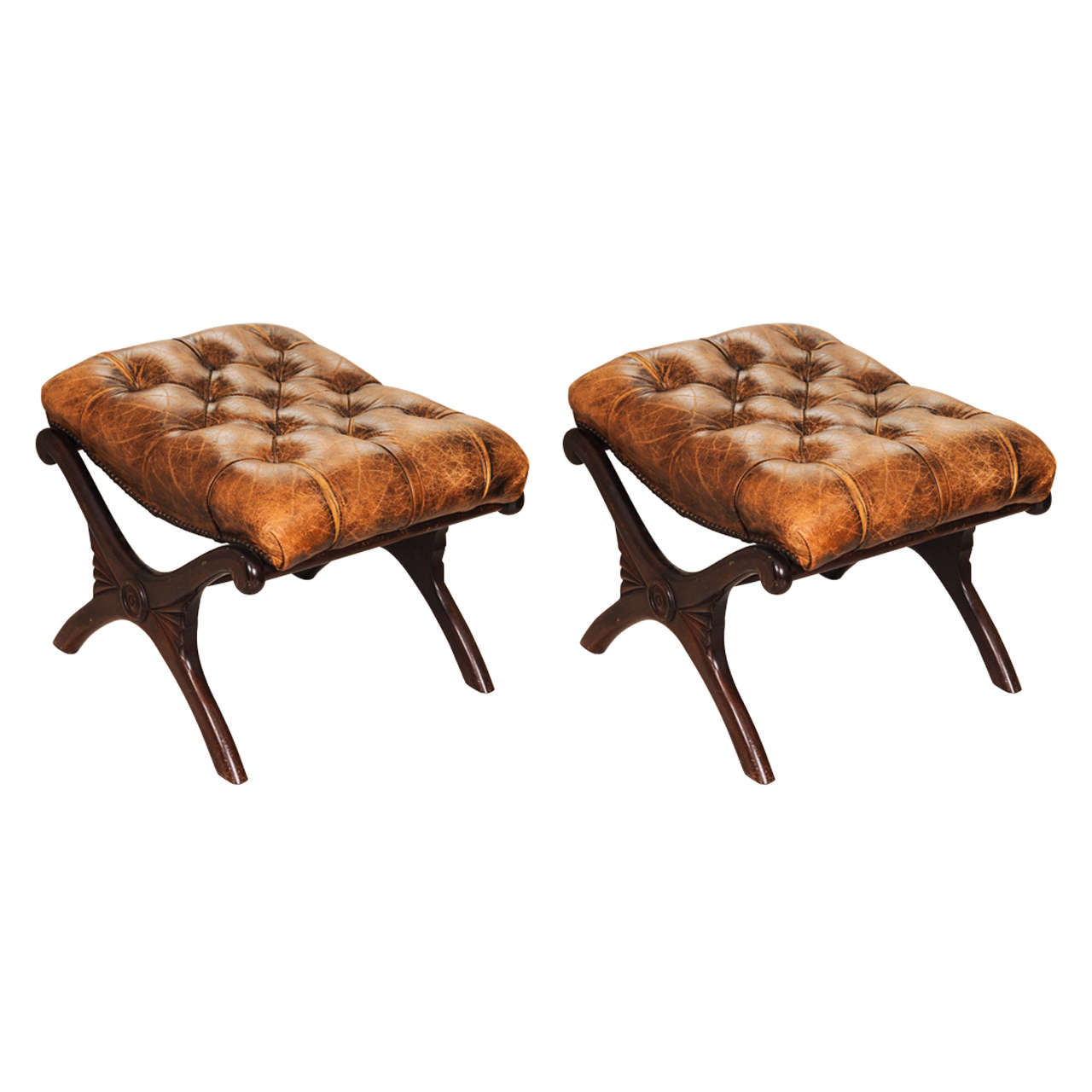 Pair of English Regency-Style Mahogany and Leather Stools or Taborets