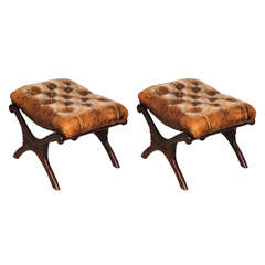 Pair of English Regency-Style Mahogany and Leather Stools or Taborets