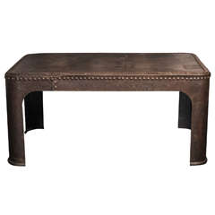 French Industrial Polished Weathered Riveted Steel Table, Machine Age