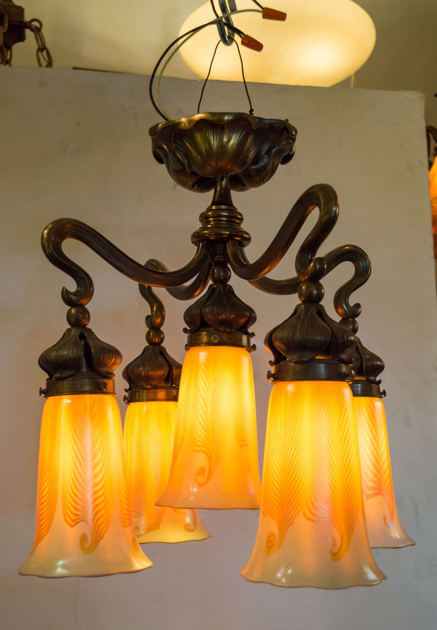 One of the hardest items to find in the lighting business is good flush mount chandeliers. Not only have we found one here, but it's a beauty, and Art Nouveau no less. For those who have low ceilings you have a chance to purchase this exceptional
