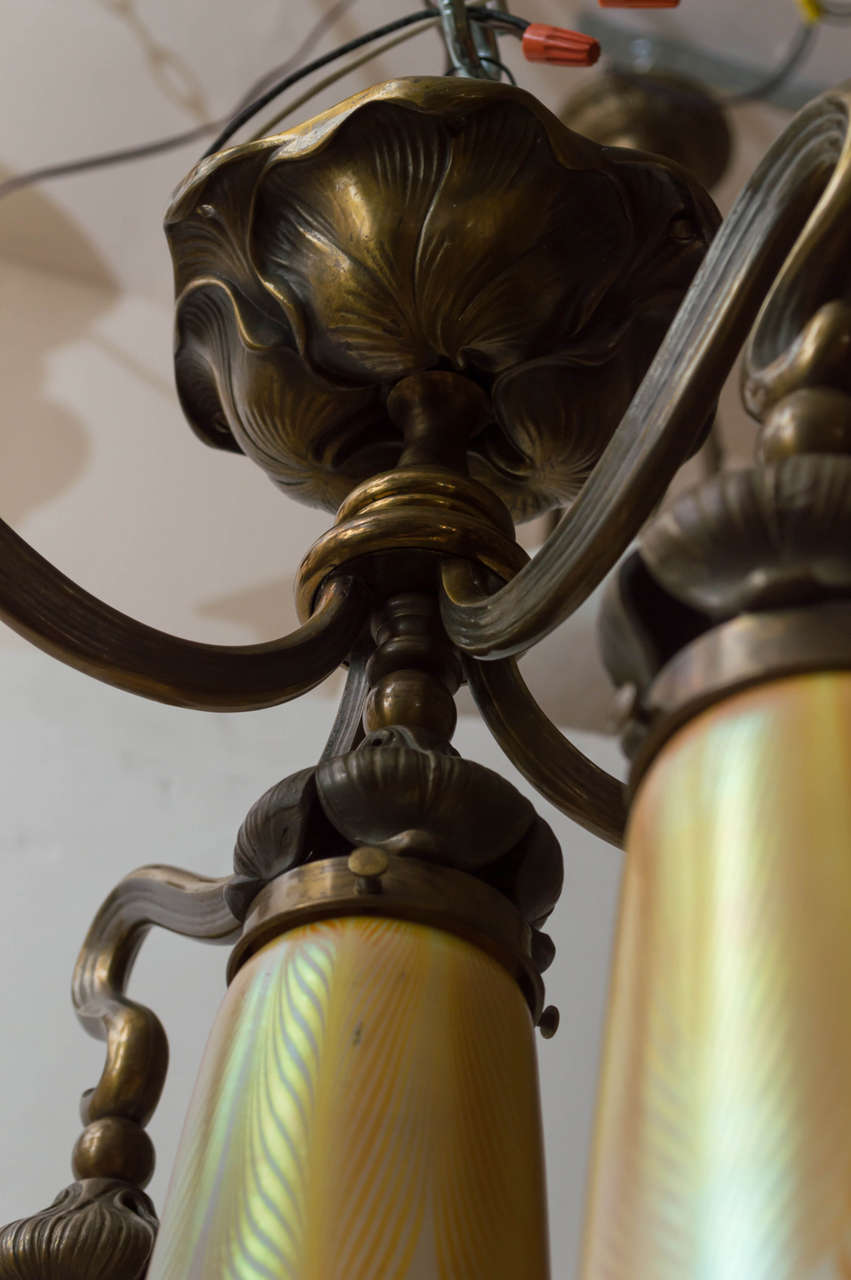 20th Century Rare Art Nouveau Flush Mount or Five-Arm Chandelier with Art Glass Shades
