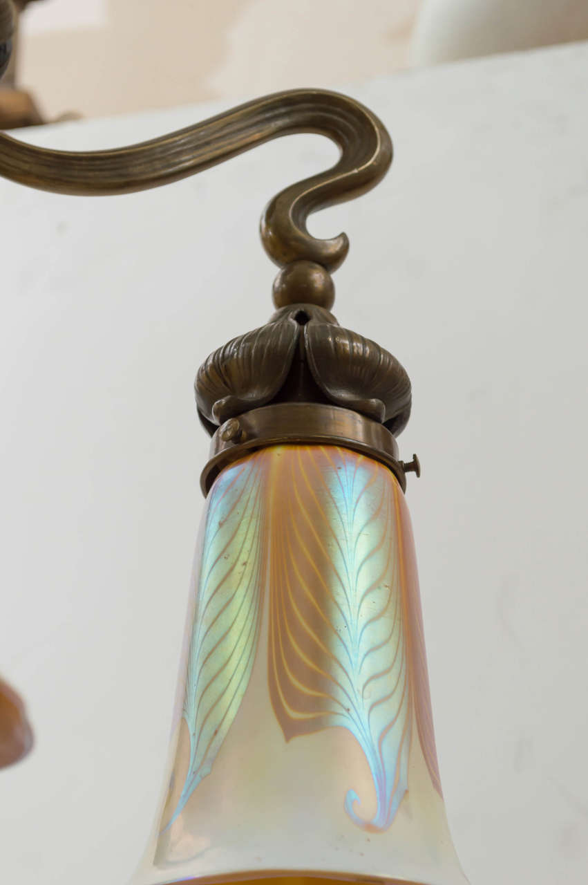 Rare Art Nouveau Flush Mount or Five-Arm Chandelier with Art Glass Shades 3