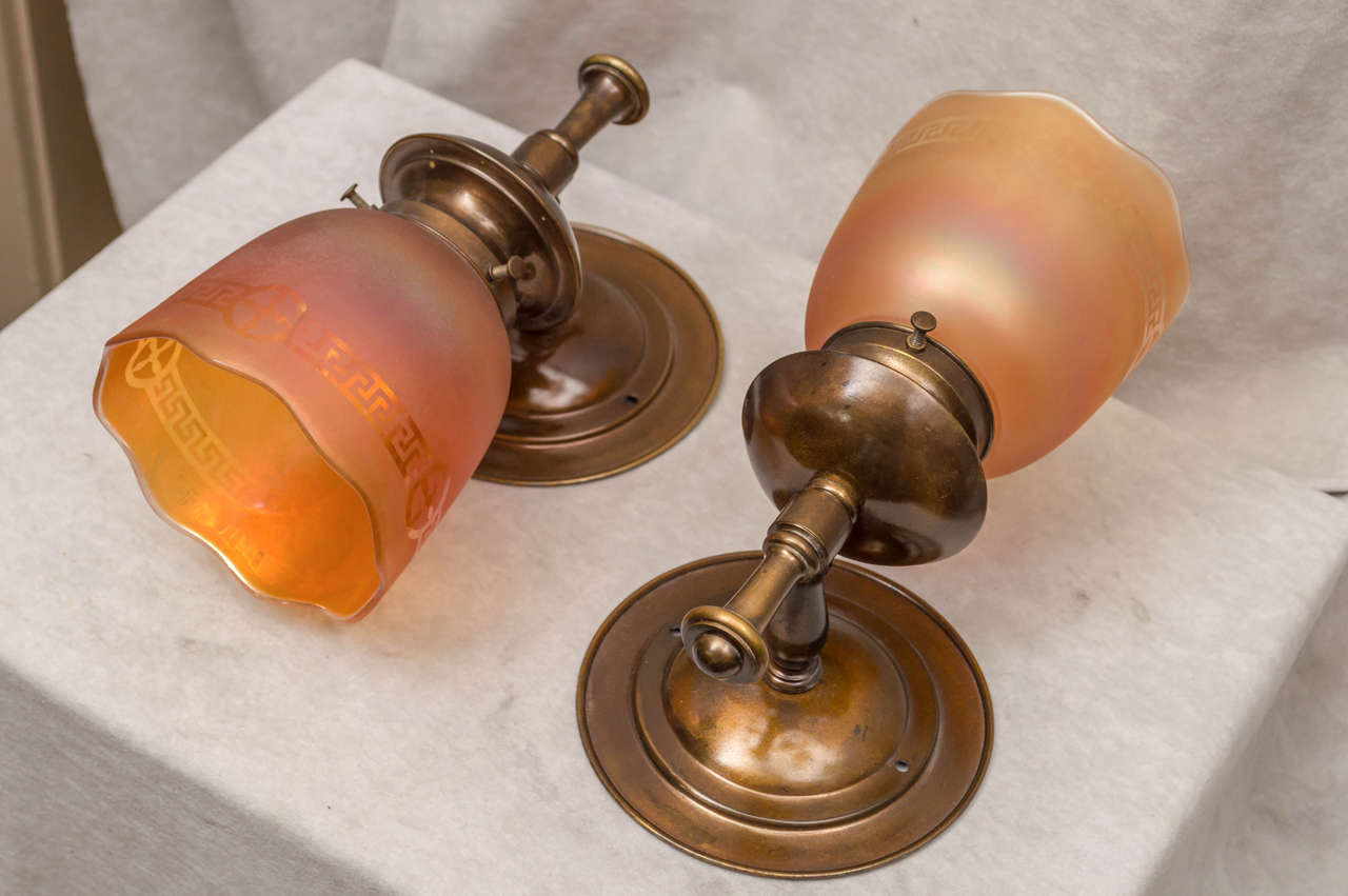 Pair of Arts & Crafts Sconces with Carnival Glass Shades In Excellent Condition In Petaluma, CA