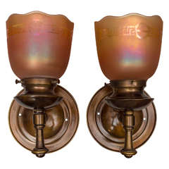 Antique Pair of Arts & Crafts Sconces with Carnival Glass Shades
