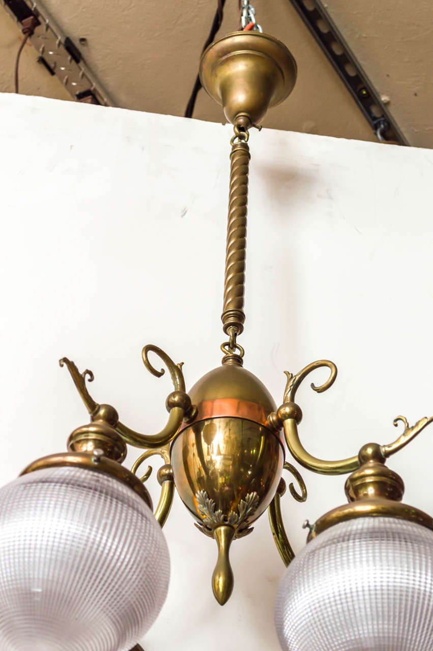 Four-Arm Chandelier with Holophane Torpedo Shades from Dentist Office In Excellent Condition In Petaluma, CA