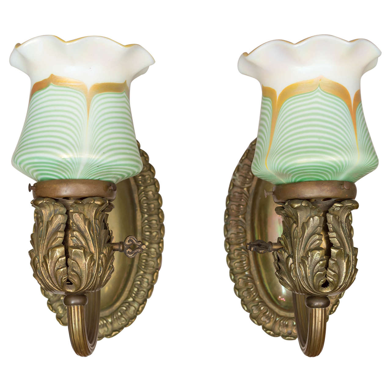 Pair of Bronze Sconces with Art Glass Shades