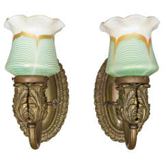 Antique Pair of Bronze Sconces with Art Glass Shades